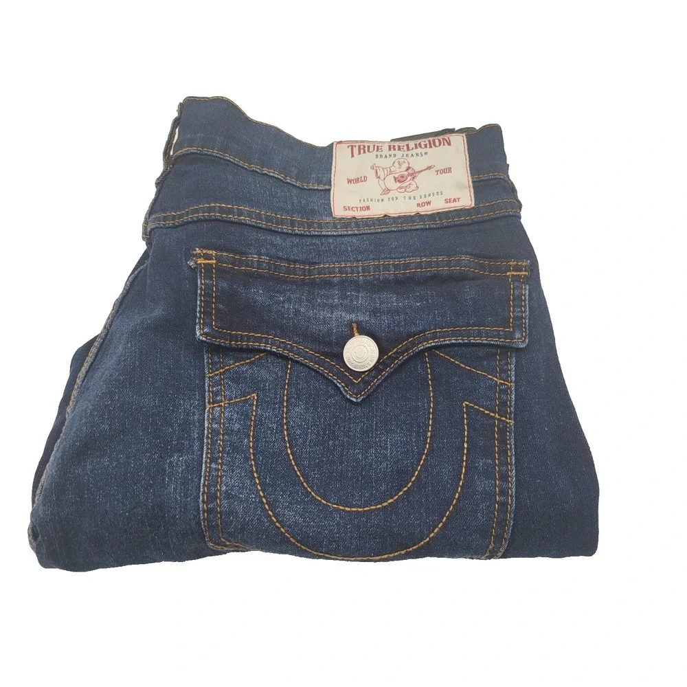 True Religion Ricky SN‎ Flap Straight Jeans Mens 34 Dark Mahogany Wood Wash